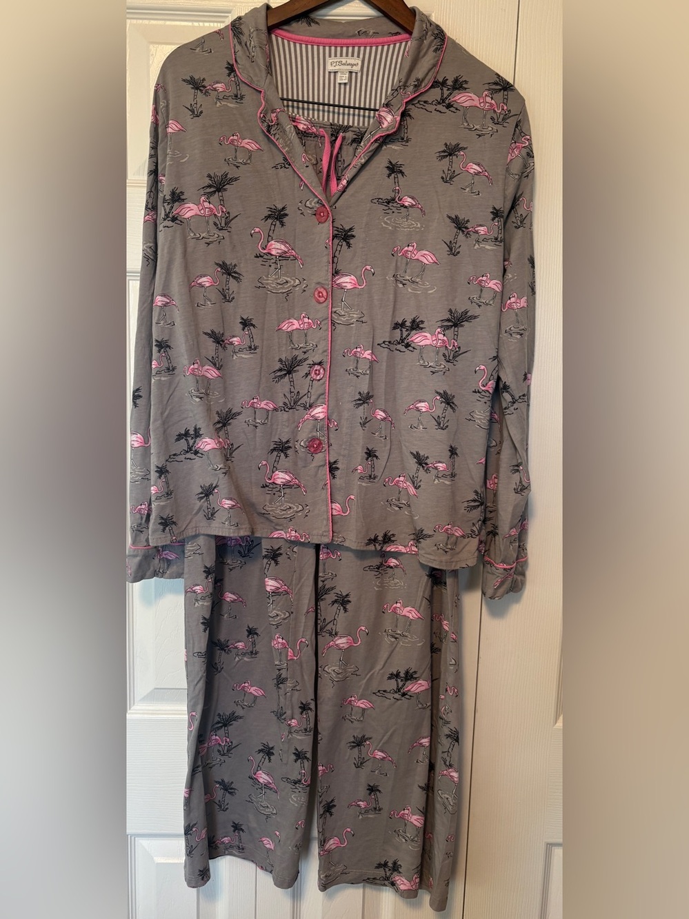 P.J. Salvage Flamingo Palm Tree Pajama Loungewear Set Gray Pink Large L